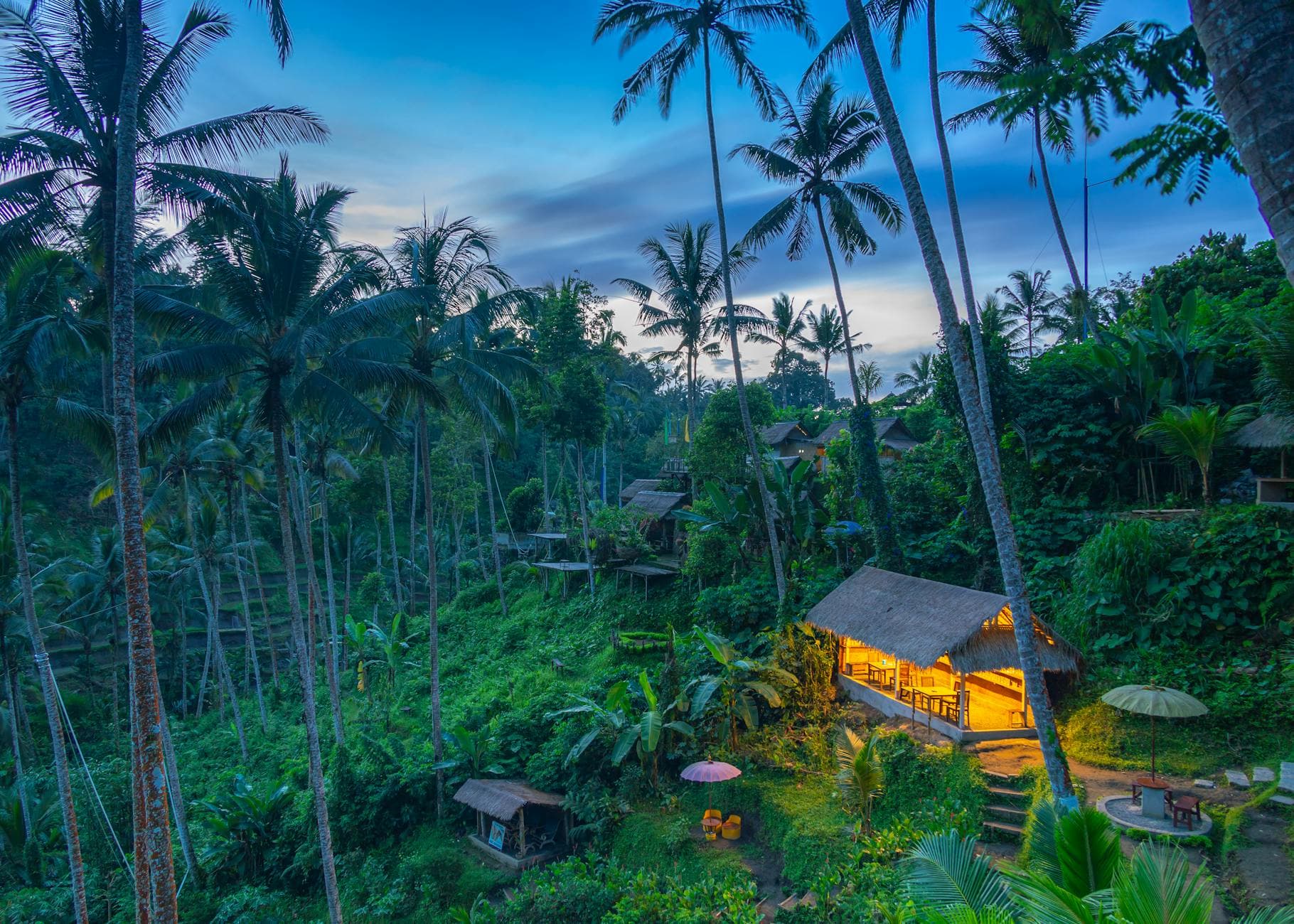 Traditional Balinese retreat hut surrounded by tropical palm trees at dusk