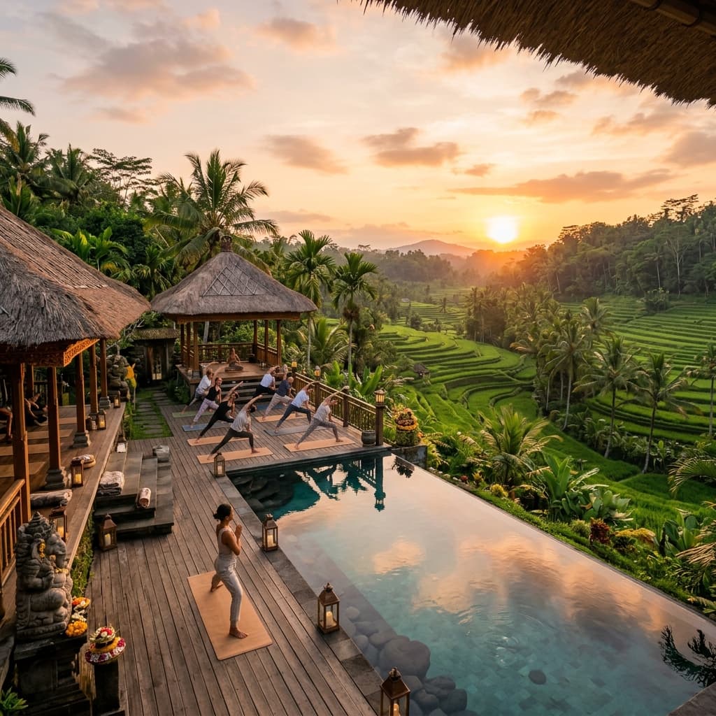 Luxury yoga retreat overlooking Bali rice terraces at sunset