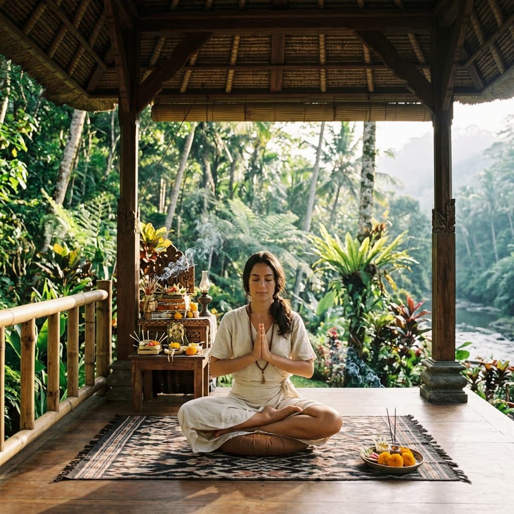 Woman meditating at Bali retreat